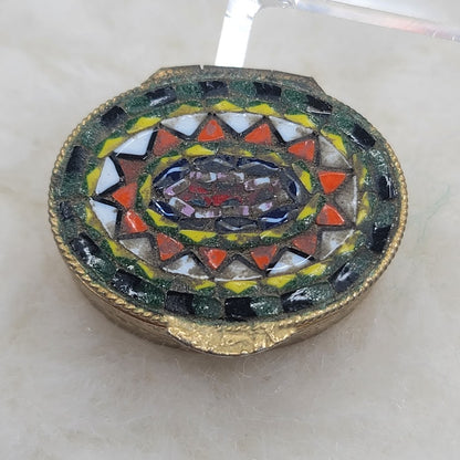 Vintage Italian Micro Mosaic Pill Box - Kaleidoscope Rose Window Motif Brass