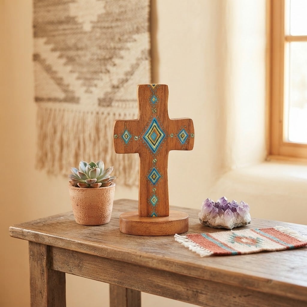 Natural Life Bohemia Hand Painted Standing Wooden Cross Folk Art Southwest Style