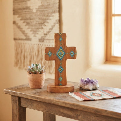 Natural Life Bohemia Hand Painted Standing Wooden Cross Folk Art Southwest Style