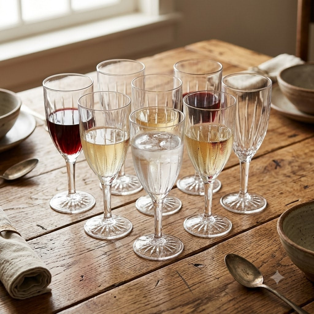 Vintage Clear Crystal Cut Tulip Stemmed Wine Glasses - Set of 7