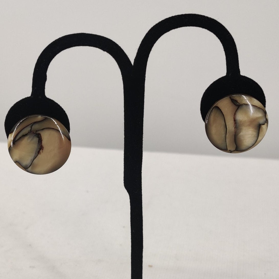 Vintage Round Marbled Brown Tan Faux Marbled Stone Stud Earrings Boho Cabuchon