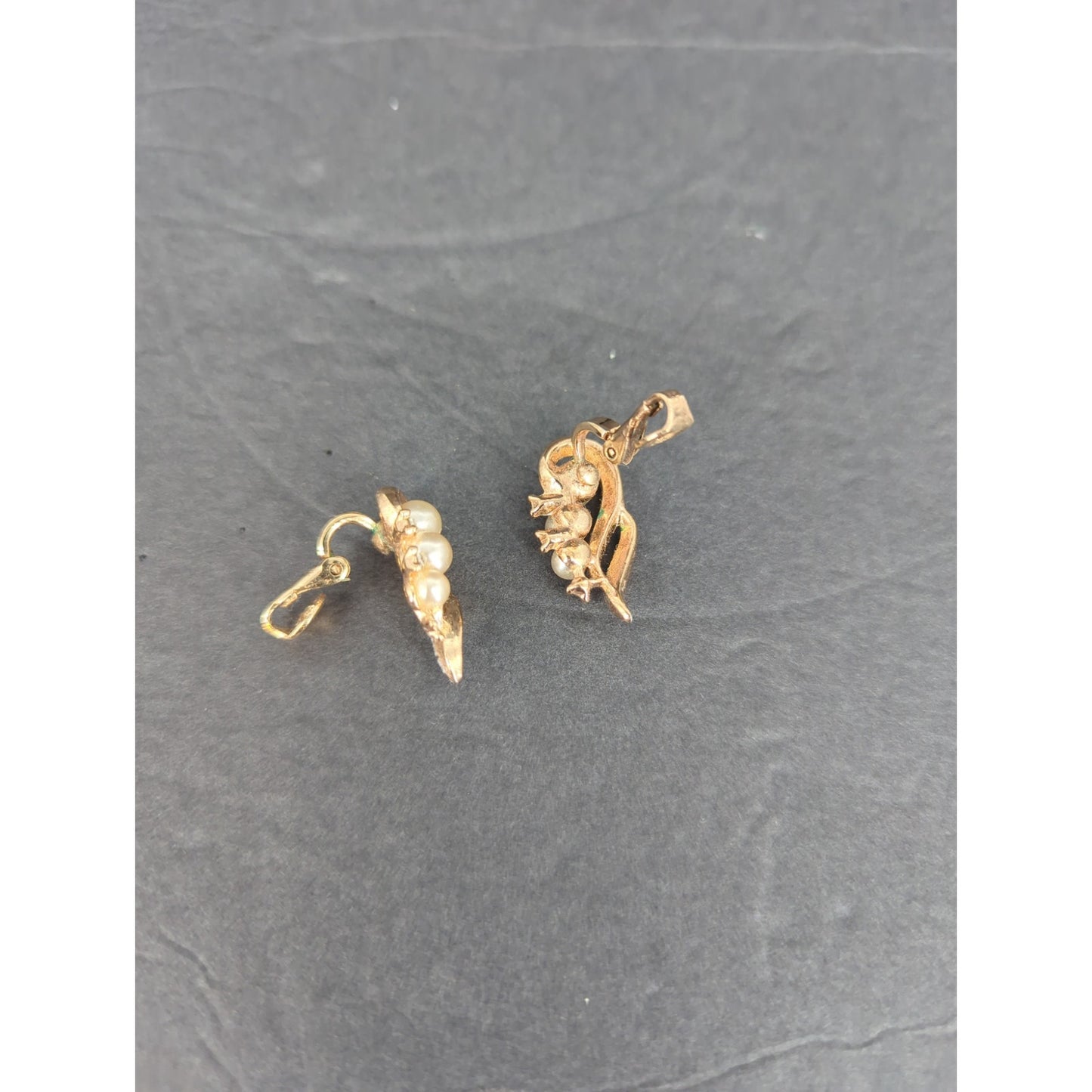 Vintage Trifari Brushed Gold Tone Faux Pearl Leaf Cluster Clip On Earrings Retro