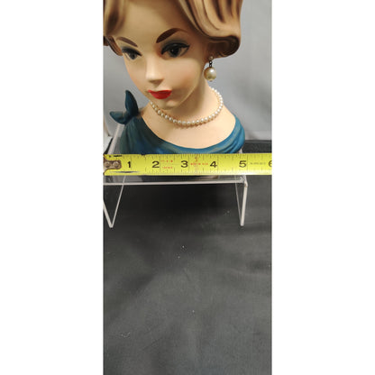 Vintage 1950s Blonde Lady Head Vase Planter Blue Dress Collectible MCM 7"