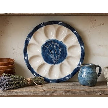Vintage Handmade Art Studio Pottery Deviled Egg Oyster Platter Cobalt Blue White