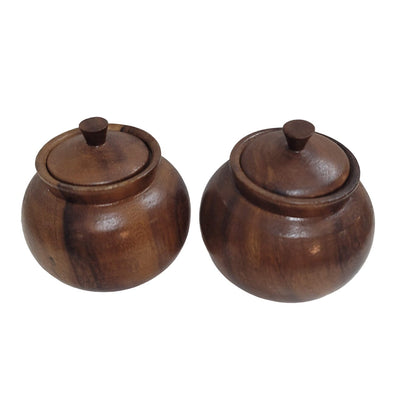 Pair of lidded condiment pots Wood Vintage MCM Mustard 1960s Round
