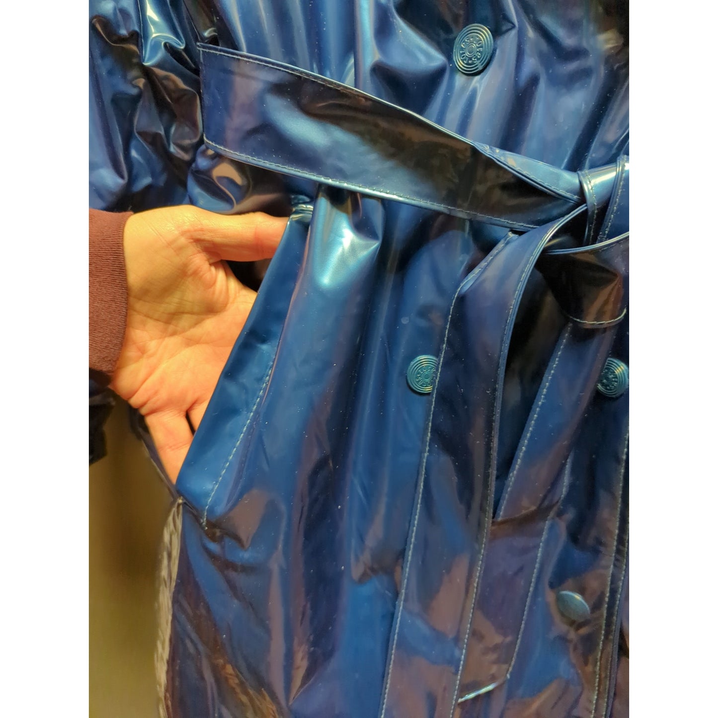 Totes Blue Jacket Coat belt LARGE Raincoat quilted lining Mid Length VINTAGE