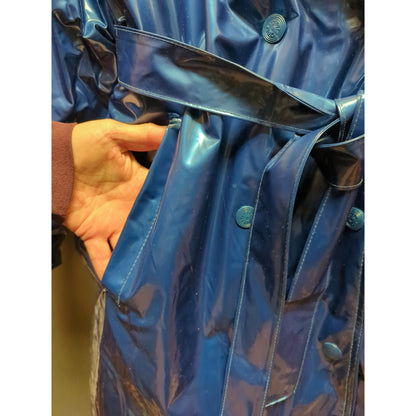 Totes Blue Jacket Coat belt LARGE Raincoat quilted lining Mid Length VINTAGE