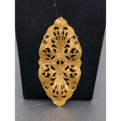 Vintage Gold Filigree Brooch Pin 3.5" Hollywood Regency Coquette Romance