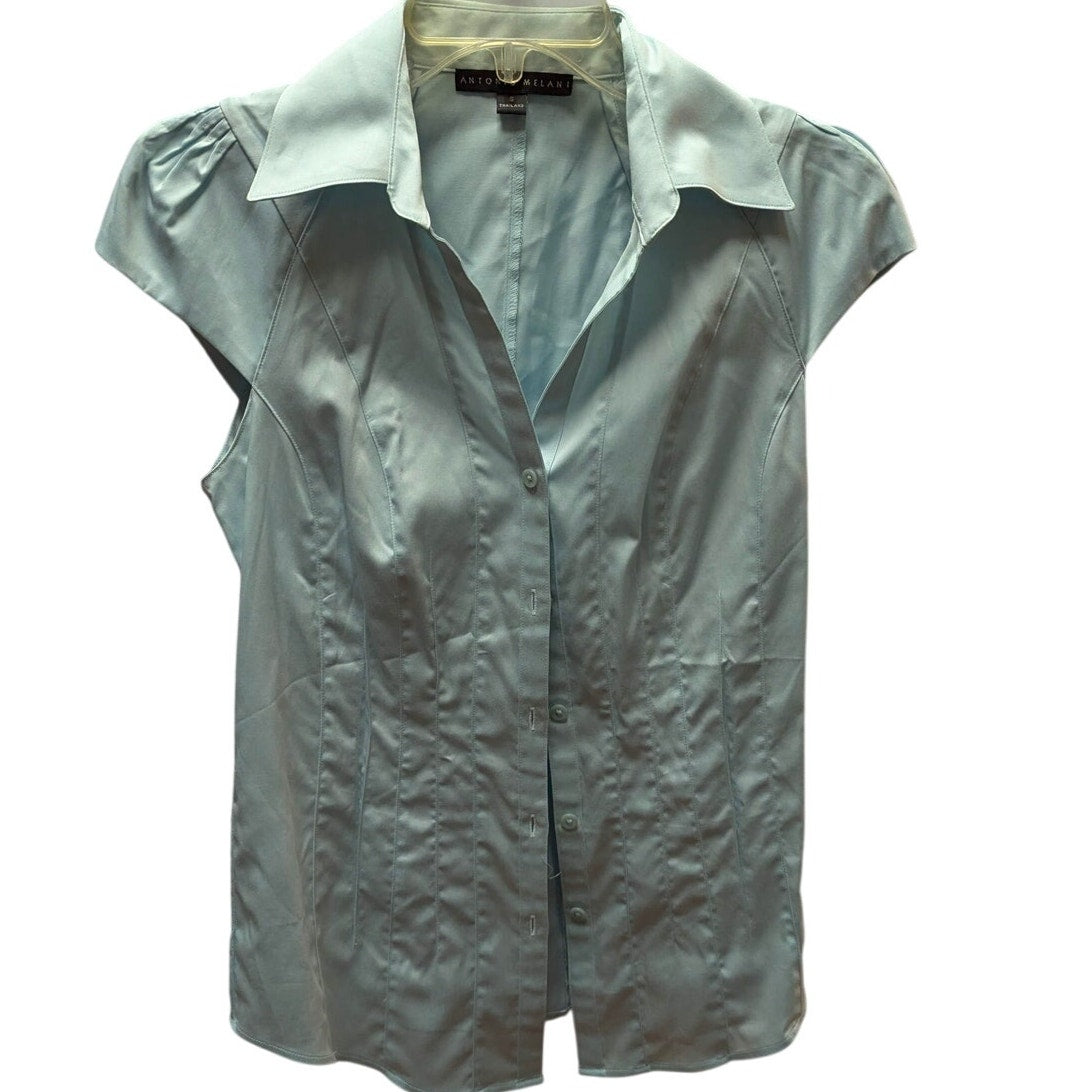 Antonio Melani Cap Sleeve Button Up Shirt small Ice Blue Cotton Blend Blouse