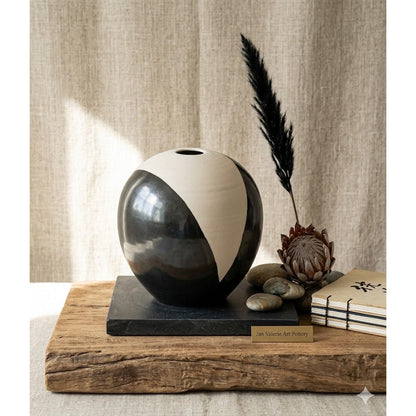 Jan Valerie Art Pottery BlackWhite Vintage Monochromatic Vase round Contemporary