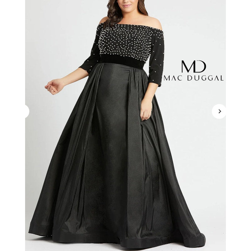 Mac Duggal 66814F Black Formal Gown Size 14W Pearl Detail NEW velvet waist pouf