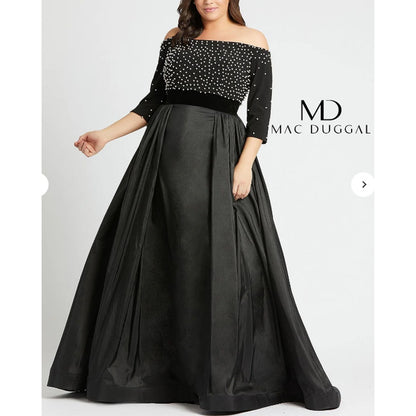 Mac Duggal 66814F Black Formal Gown Size 14W Pearl Detail NEW velvet waist pouf