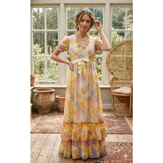 Vintage XS Maxi Dress Floral 1970s Yellow Purple Gown Formal Short Sleeve Lined