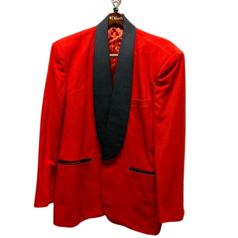 Custom Made Red Smoking Jacket Black Piping Lapel Mens XL Shoulder Pads