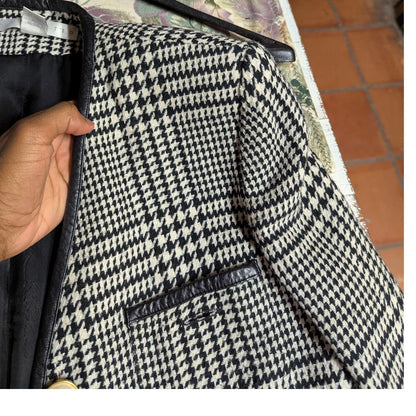 The Limited Plaid Wool Blend Blazer Faux Leather Trim Gold Button Vintage XS