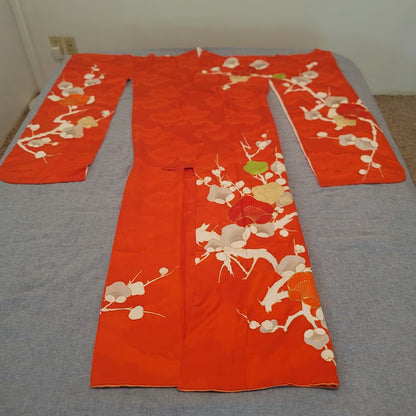 Vintage Silk Furisode (long sleeve) Kimono Robe Orange Gold Red Plum Blossom