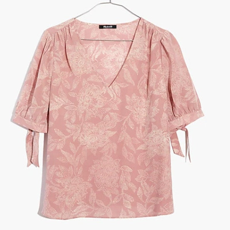 MADEWELL women's size xs blouse Silk V-Neck Tie-Sleeve Top in Pindot Blooms new