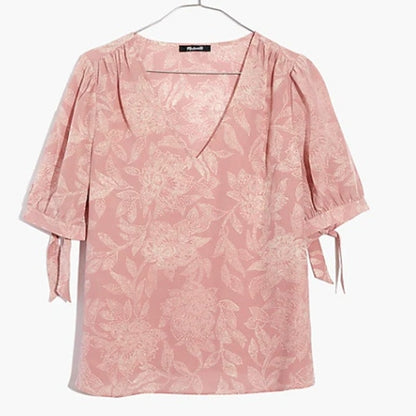 MADEWELL women's size xs blouse Silk V-Neck Tie-Sleeve Top in Pindot Blooms new