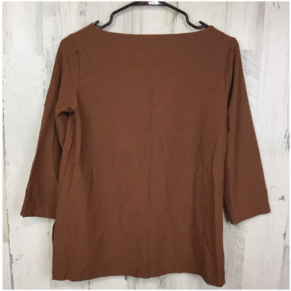 Eileen Fisher XS Nutmeg 3/4 Sleeve Crepe Ballet Neck Top NEW Casual Blouse Brown