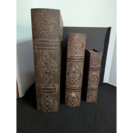 Vintage embossed leather Set of 3 wood boxes storage faux books Nesting decor