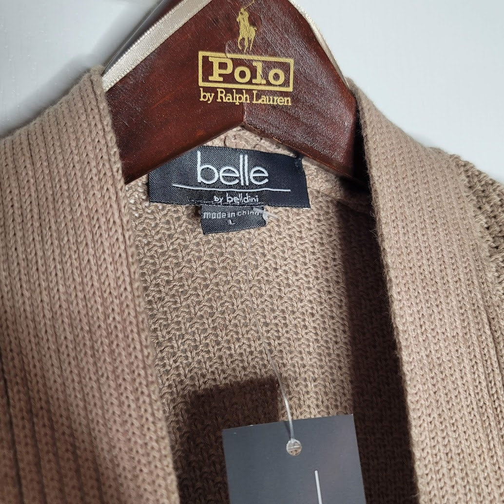 Belle Ombre' Size large Cardigan Pockets Open Front Flax/White Knit NEW cOTTON