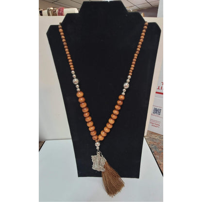 Wood Metal silver tone elephant Ganesh pendant Single Strand Necklace tassel