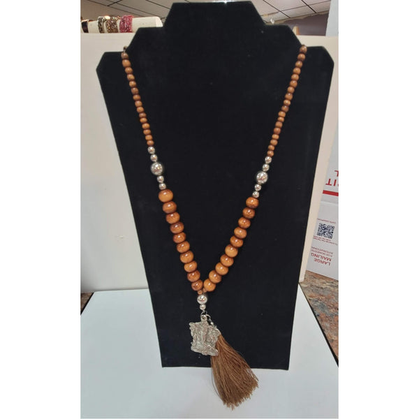 Wood Metal silver tone elephant Ganesh pendant Single Strand Necklace tassel