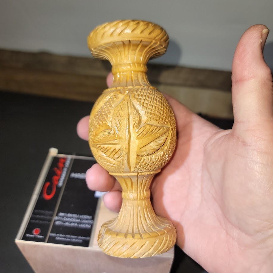 Vintage Wood Vase Five Inch Natural Carved Starburst Boho Rustic