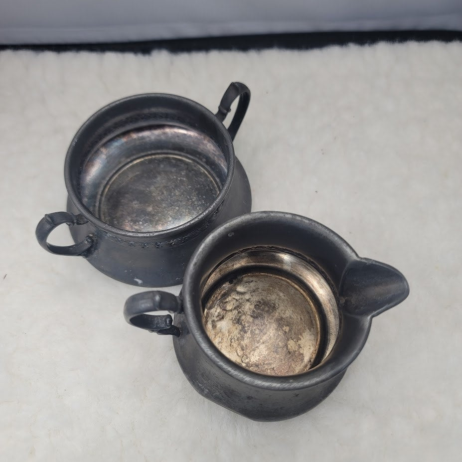 Vintage Pewter 2pc Creamer Sugar Bowl Set Colonial Style Dark Academia Primitive