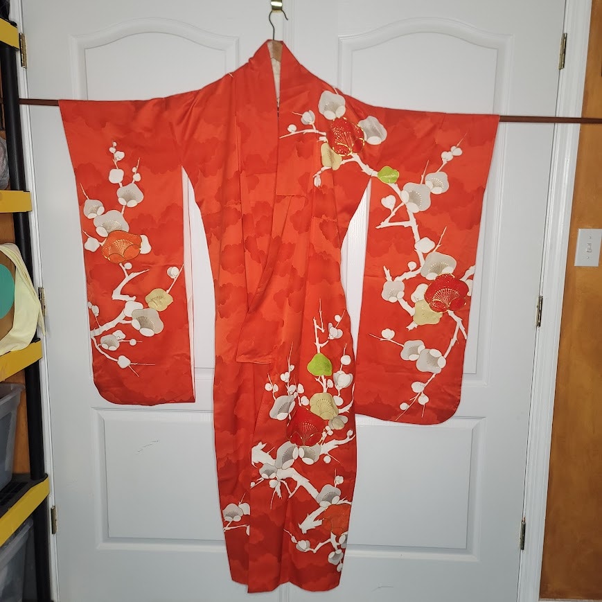 Vintage Silk Furisode (long sleeve) Kimono Robe Orange Gold Red Plum Blossom