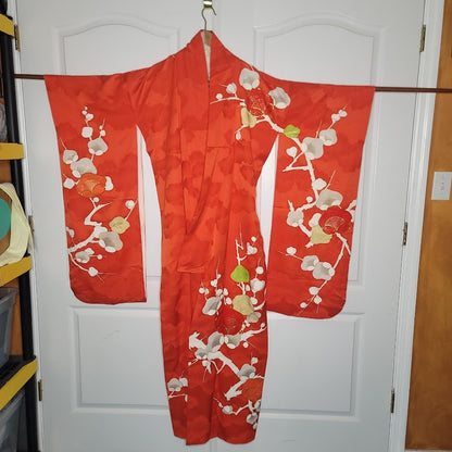 Vintage Silk Furisode (long sleeve) Kimono Robe Orange Gold Red Plum Blossom