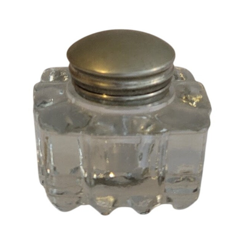 Inkwell With Clear Molded Glass Silver Plate lid Square Cut Glass 3x2.5x1.5 In