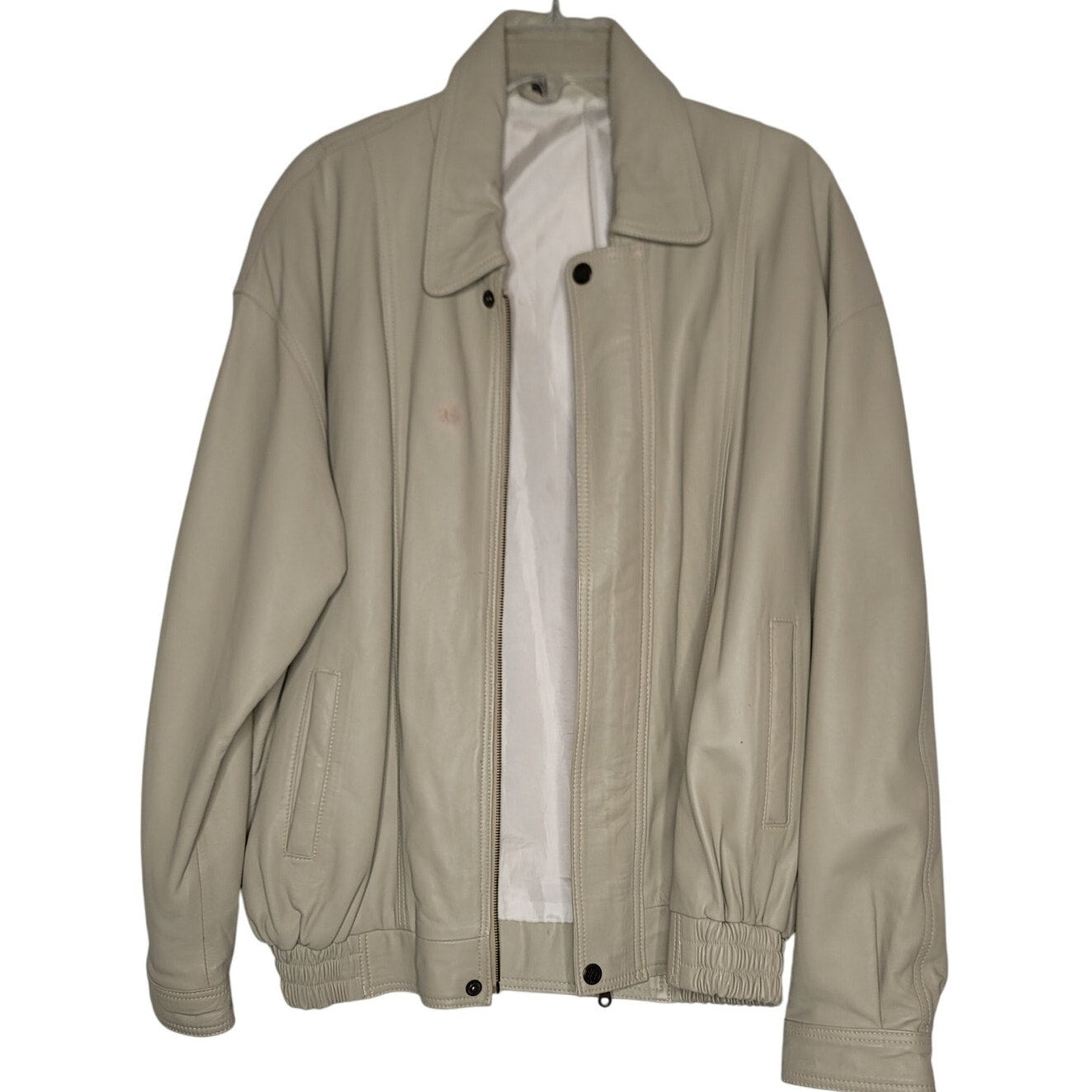 Vintage Grandpa Zip Up Jacket Cream Faux Leather Mens Large Pockets