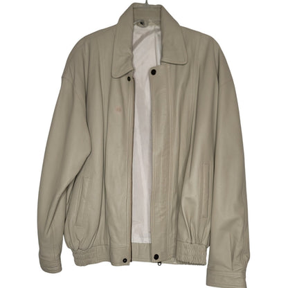 Vintage Grandpa Zip Up Jacket Cream Faux Leather Mens Large Pockets