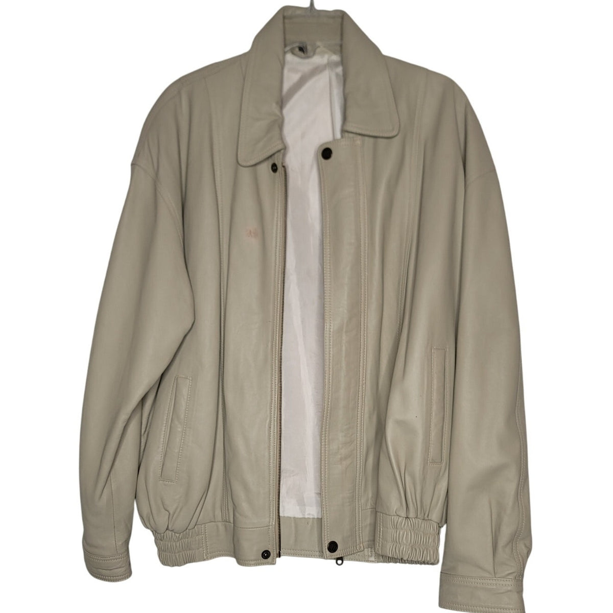 Vintage Grandpa Zip Up Jacket Cream Faux Leather Mens Large Pockets