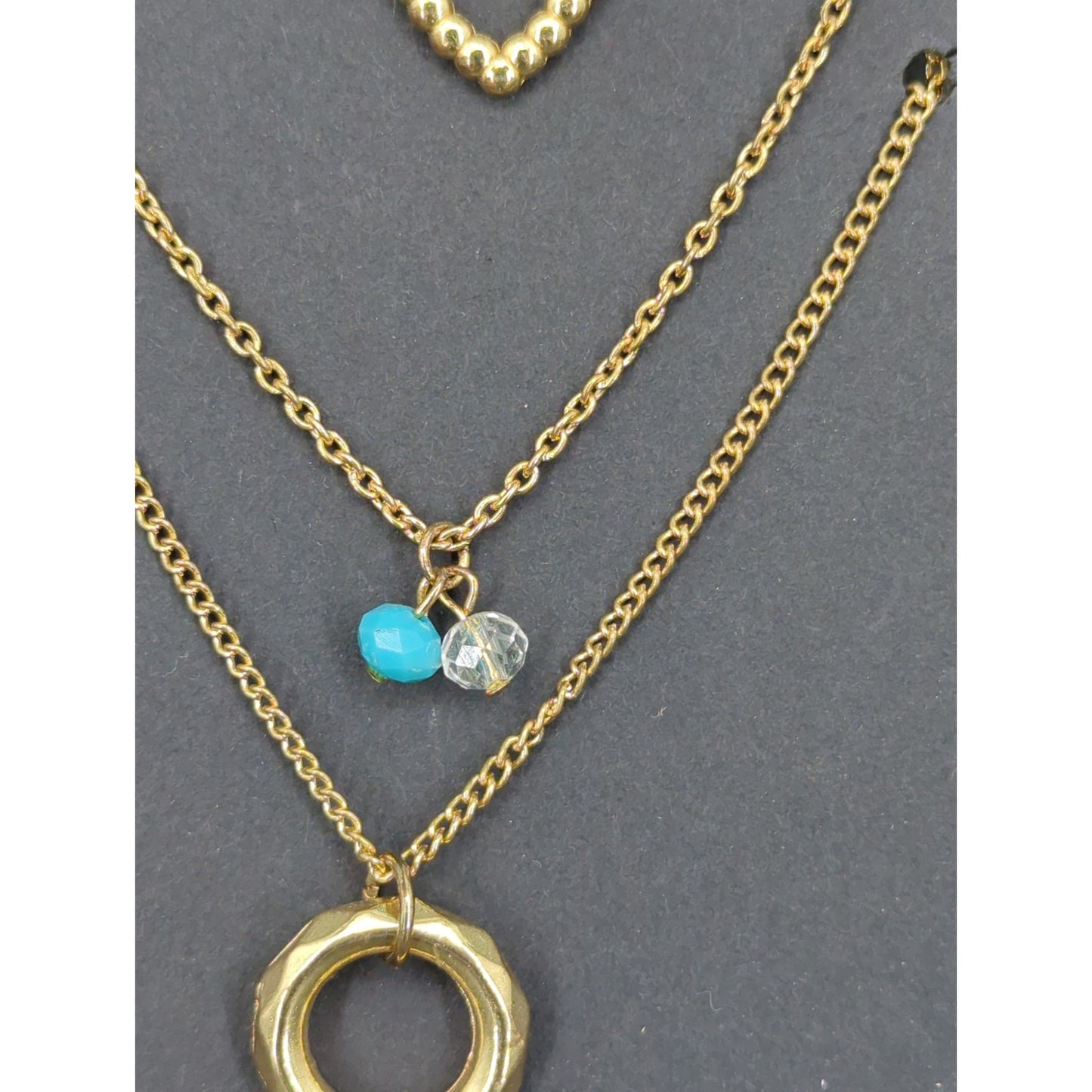 AREA Gold Tone Layered Charm Necklace Set Heart Circle Turquoise Beaded NWT