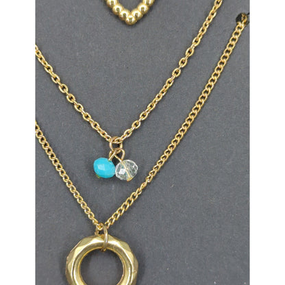 AREA Gold Tone Layered Charm Necklace Set Heart Circle Turquoise Beaded NWT