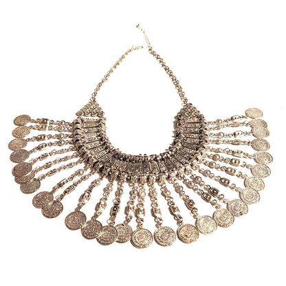 Vintage Ethnic Boho Jewelry SilverTone Metal Patina Coin Chandelier Necklace
