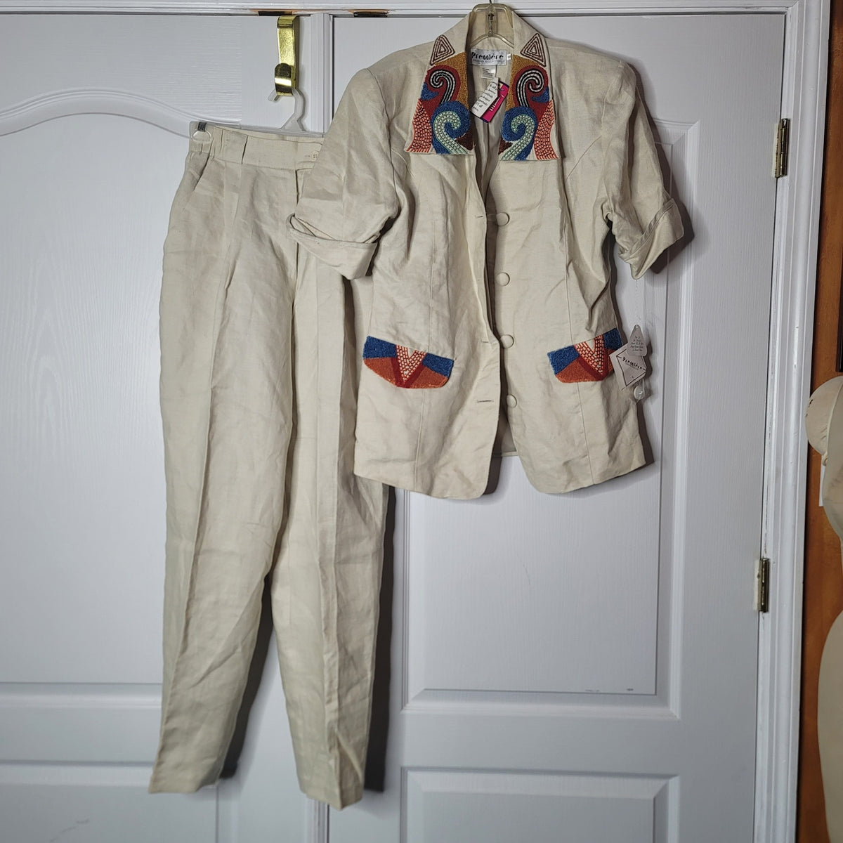 Premiere Designer 2 Pc. vintage Pant Jacket Suit Vintage LINEN Size 10 Cream