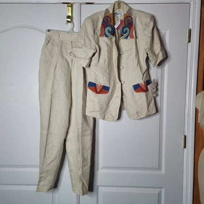Premiere Designer 2 Pc. vintage Pant Jacket Suit Vintage LINEN Size 10 Cream