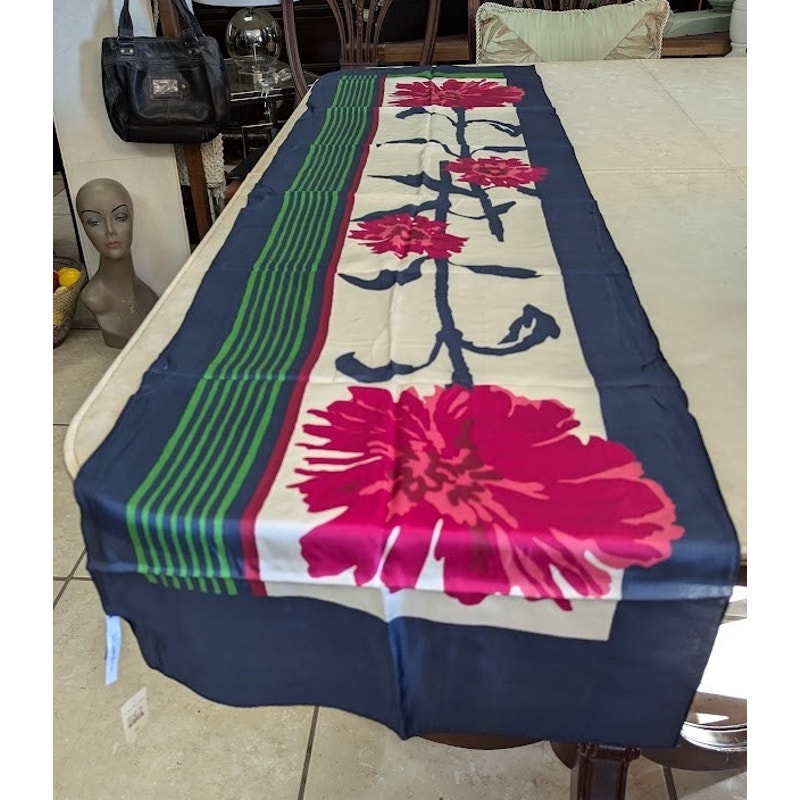 Vintage NEW Talbots Long Rectangular Blue Fuschia Floral Silk Scarf 63" x 17"