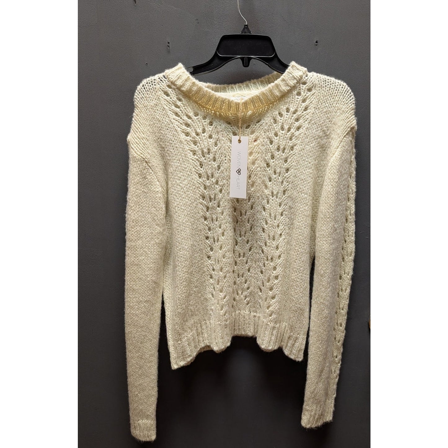 Nordstrom Woven Heart Pullover Sweater Ivory Large NEW Knit Open Weave