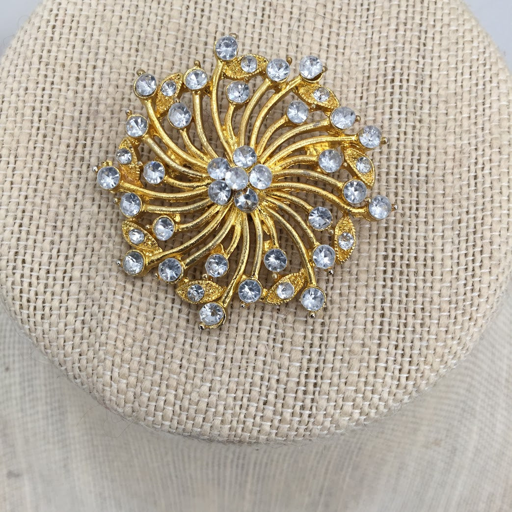 Vintage sparkling brooch pendant, dome clear rhinestone flower gold brooch Swirl