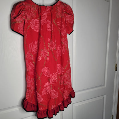 RM Red MALUMI Hawaiian ALOHA dress Medium Pocket Blue Trim Floral Knee Length