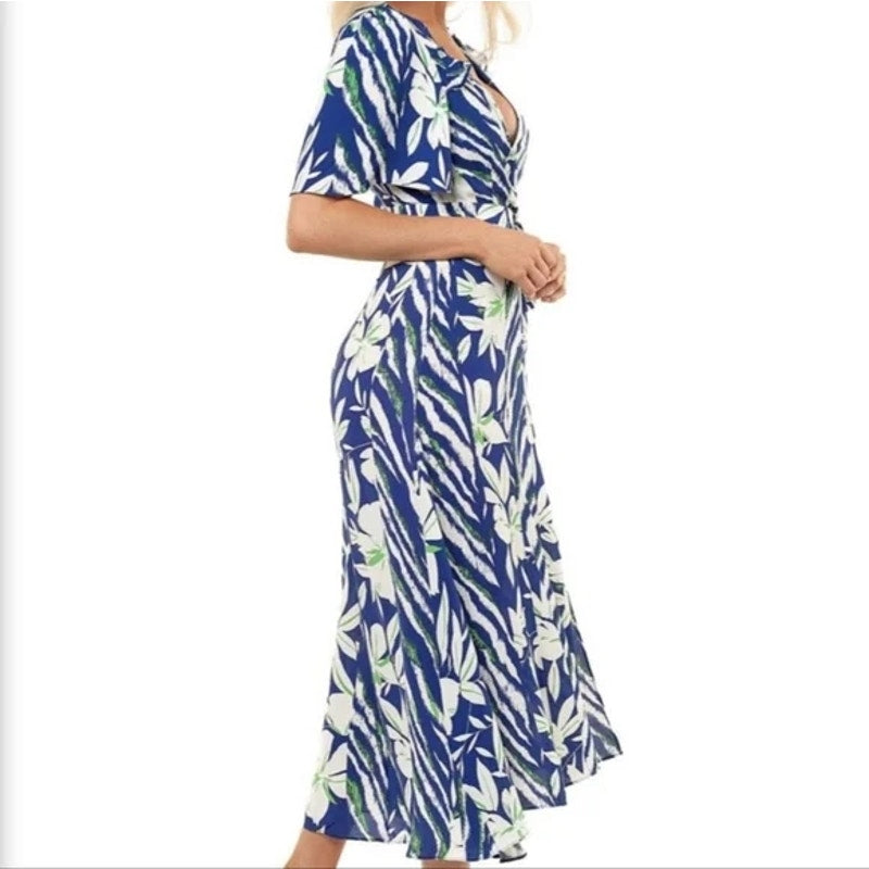 French Connection V-Neck Surplice Side Tie Wrap Midi Dress Sz 4 Clement Blue NWT
