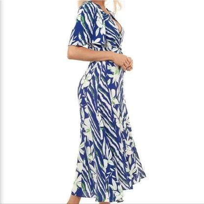 French Connection V-Neck Surplice Side Tie Wrap Midi Dress Sz 4 Clement Blue NWT