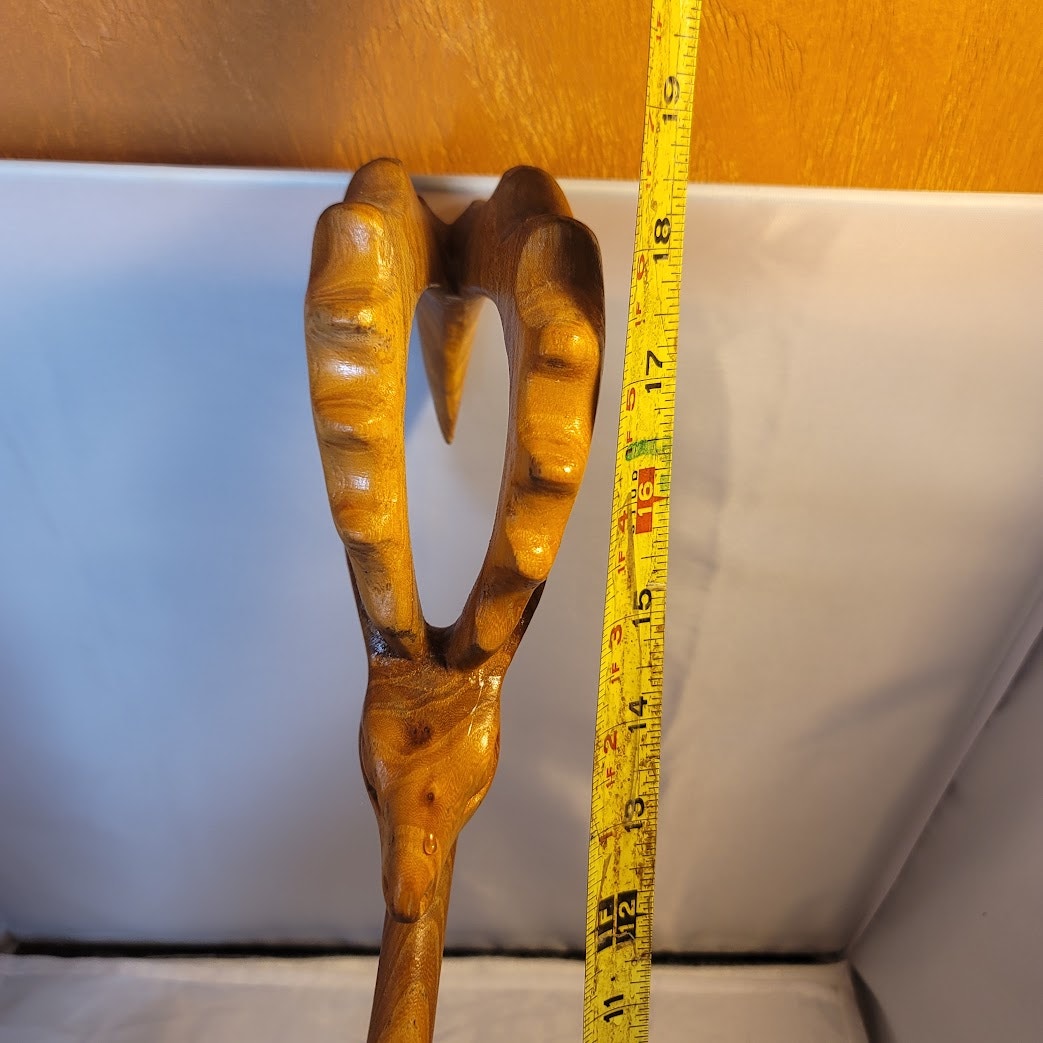 Hand carved double dipper ladle wood antelope ram head Kazakhstan Ожау