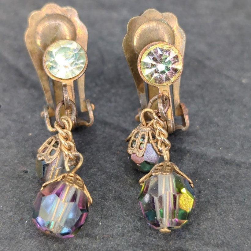 Vintage Iridescent Aurora Borealis Crystal Necklace and Clip On Earring Set