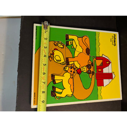 Vintage Playskool Farm Cows Wooden Inlay Tray Puzzle Barn Silo USA Made