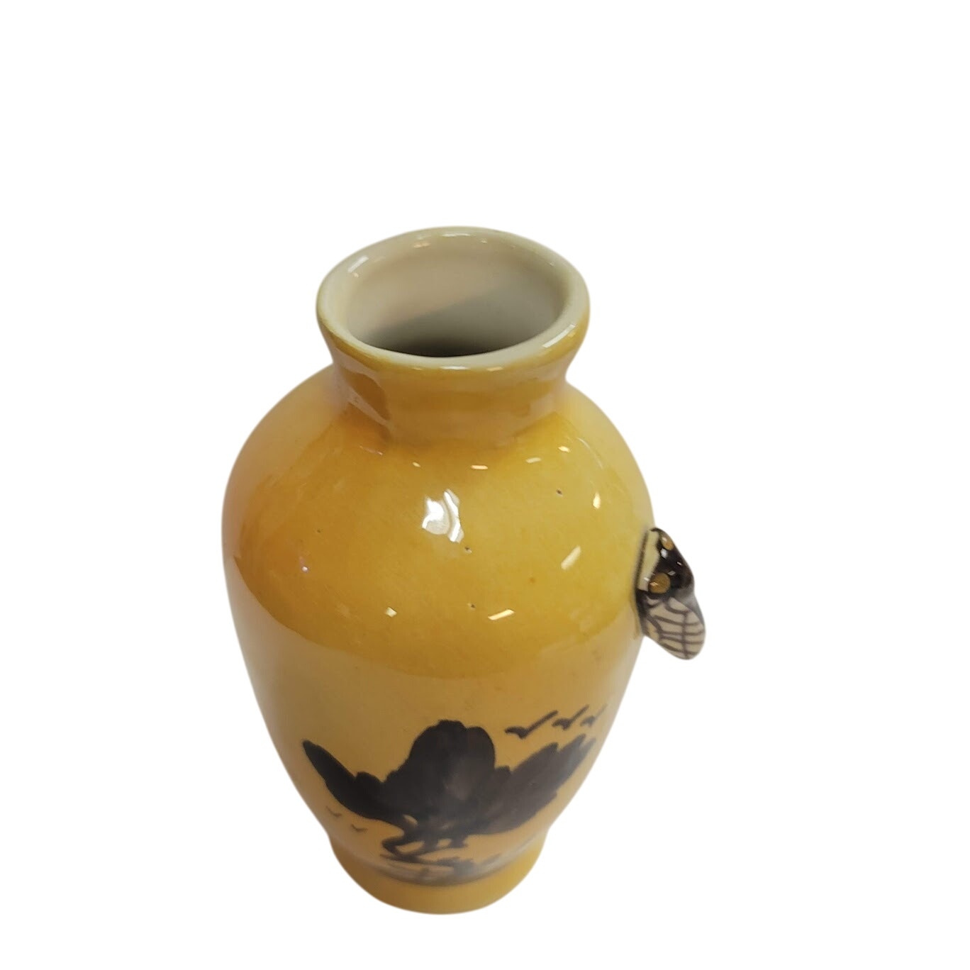 Vintage Yellow Brown French or Asian Vase with Bee / Cicada on Side